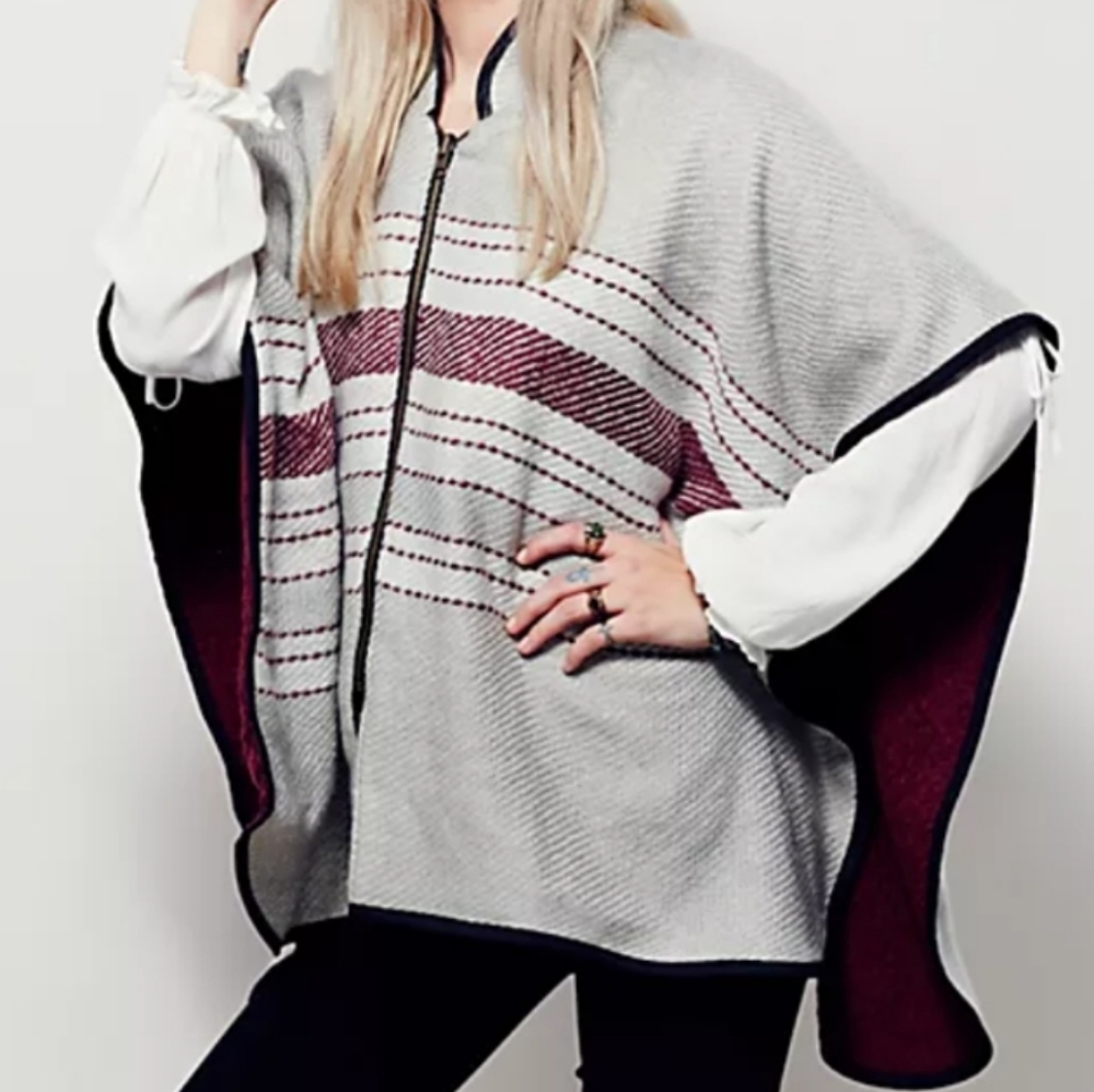 Free People Swept Away Zip Ruana Cape Poncho Maroon Plaid Reversible One Size